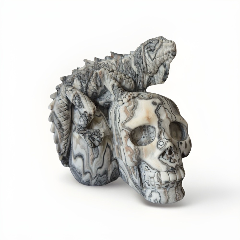 2.27kg Natural Gray White Stripe Banded Calcite Crystal‎ Mineral Lizard-Skull